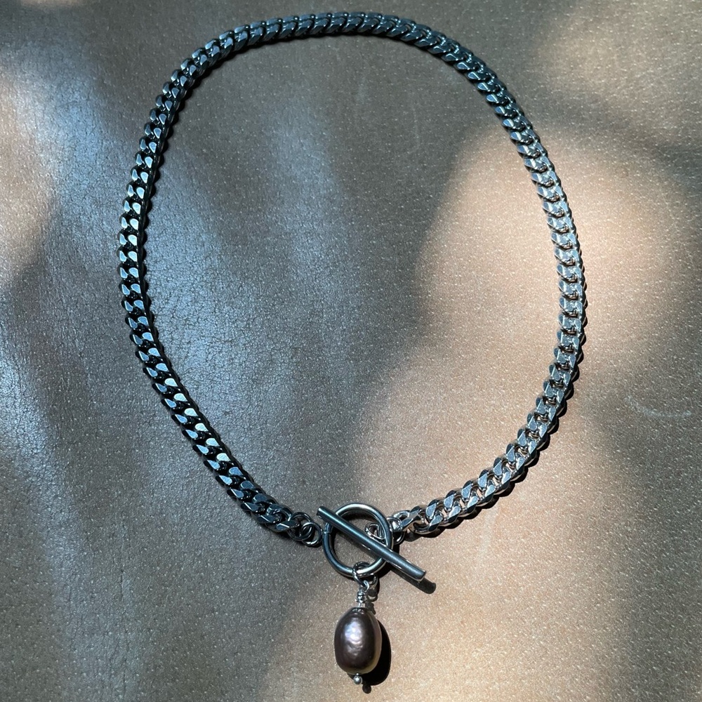 Blue freshwater pearl silver curb chain toggle clasp necklace choker stainless - Picture 4 of 8